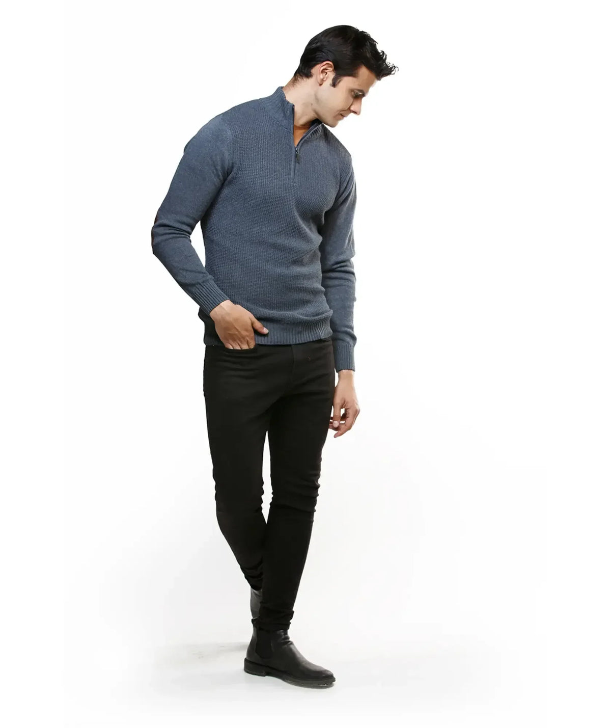 Suéter Azul con Coderas Cuello Halpzif - Tolú - look completo - Alison