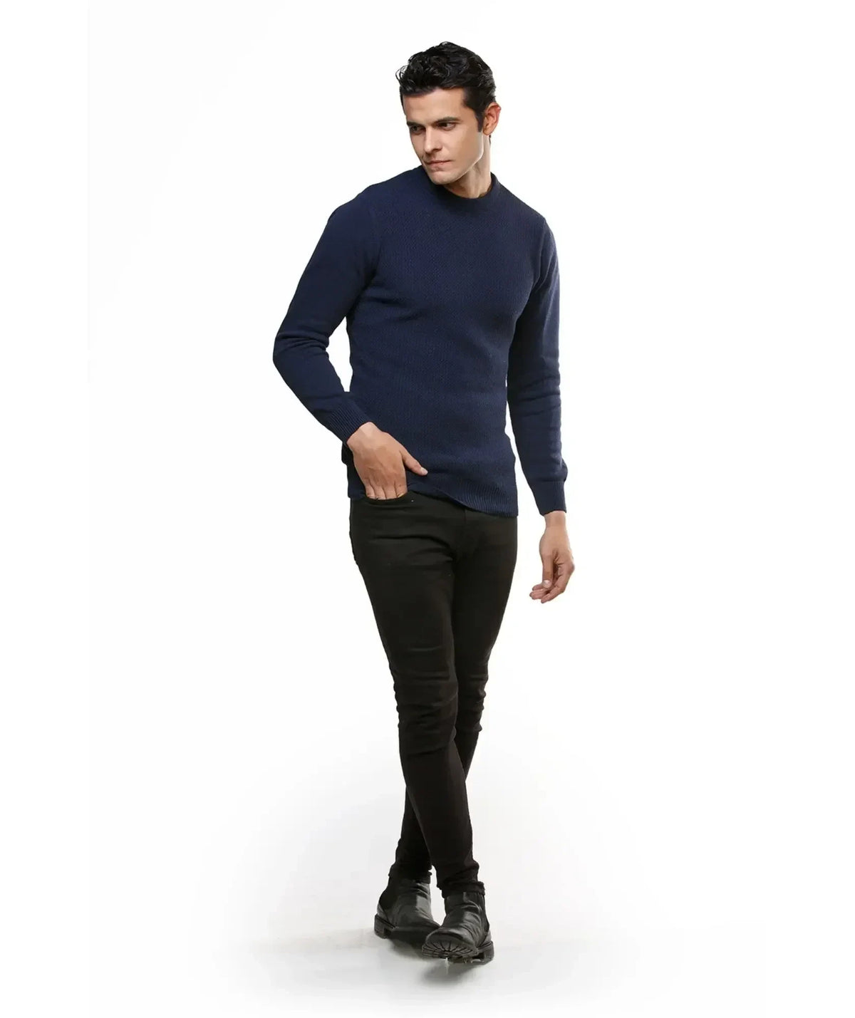 Suéter Pasto Azul Oscuro - Cuello Redondo con Micro Puntos - look completo - Alison