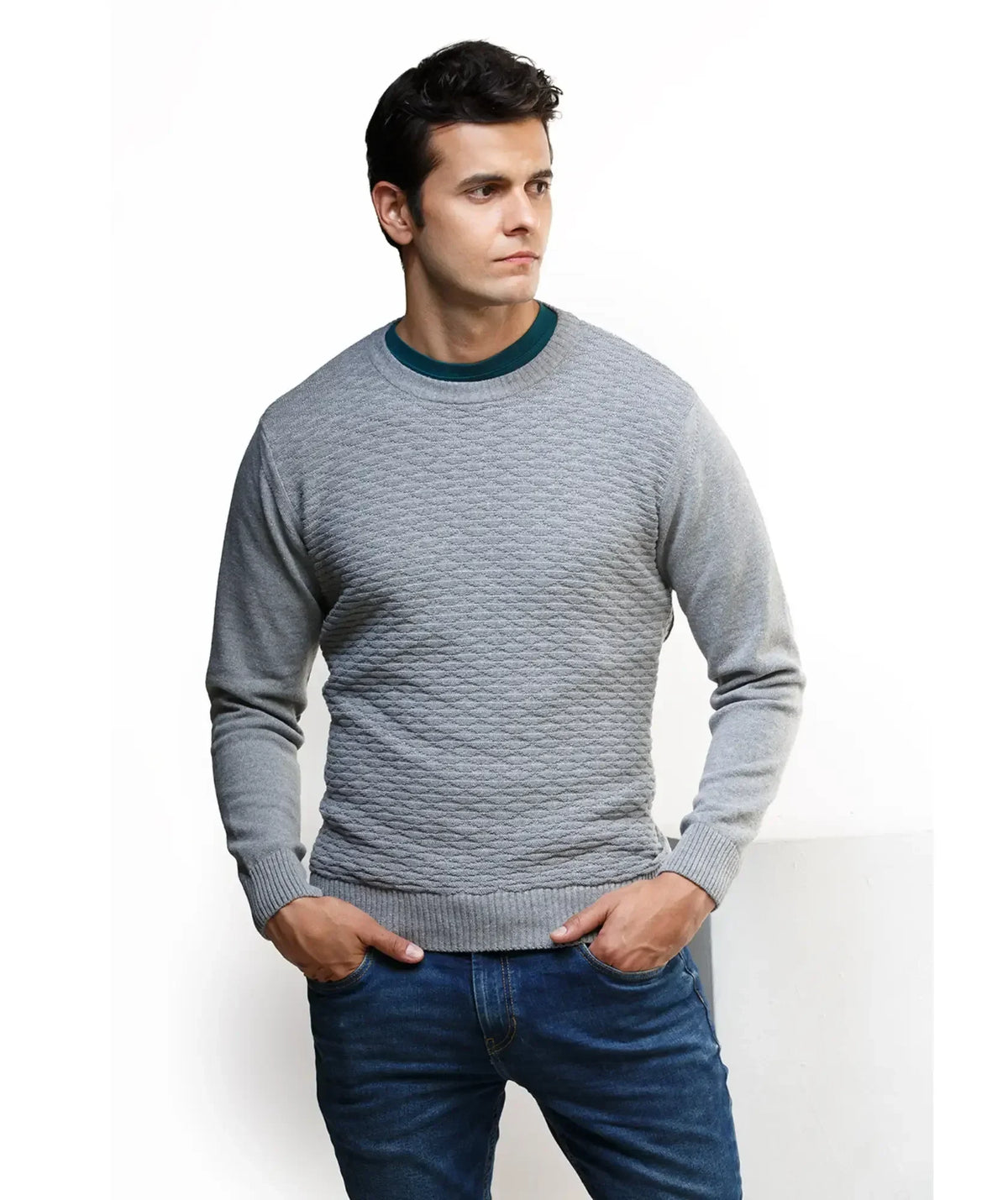 Suéter Nilo Gris - Cuello Redondo con Textura Nido de Abeja - vista frontal - Alison
