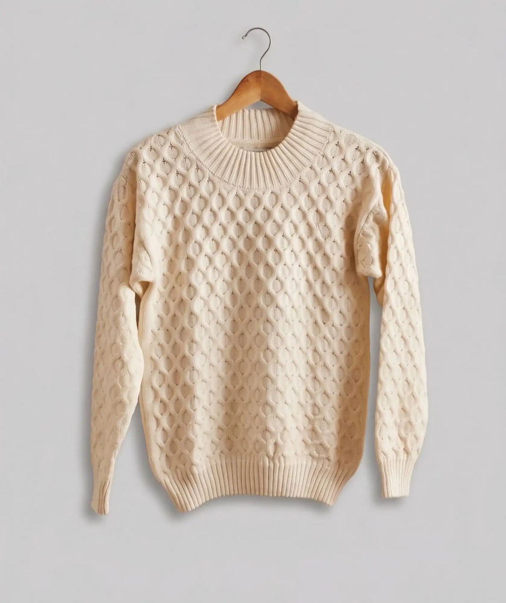Suéter Beige Cuello Redondo en Algodón Tipo Aran | Nobsa
