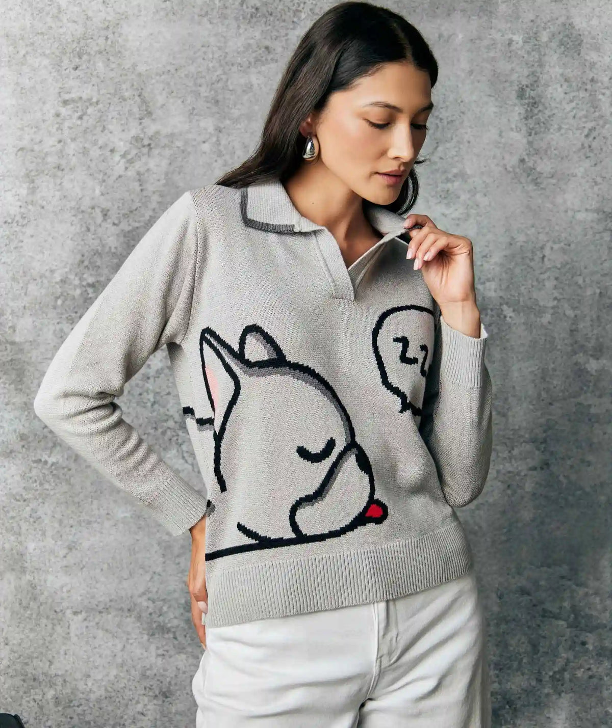Suéter Tejido de Algodón con Cuello - Perrito Buldog - detalle - Alison