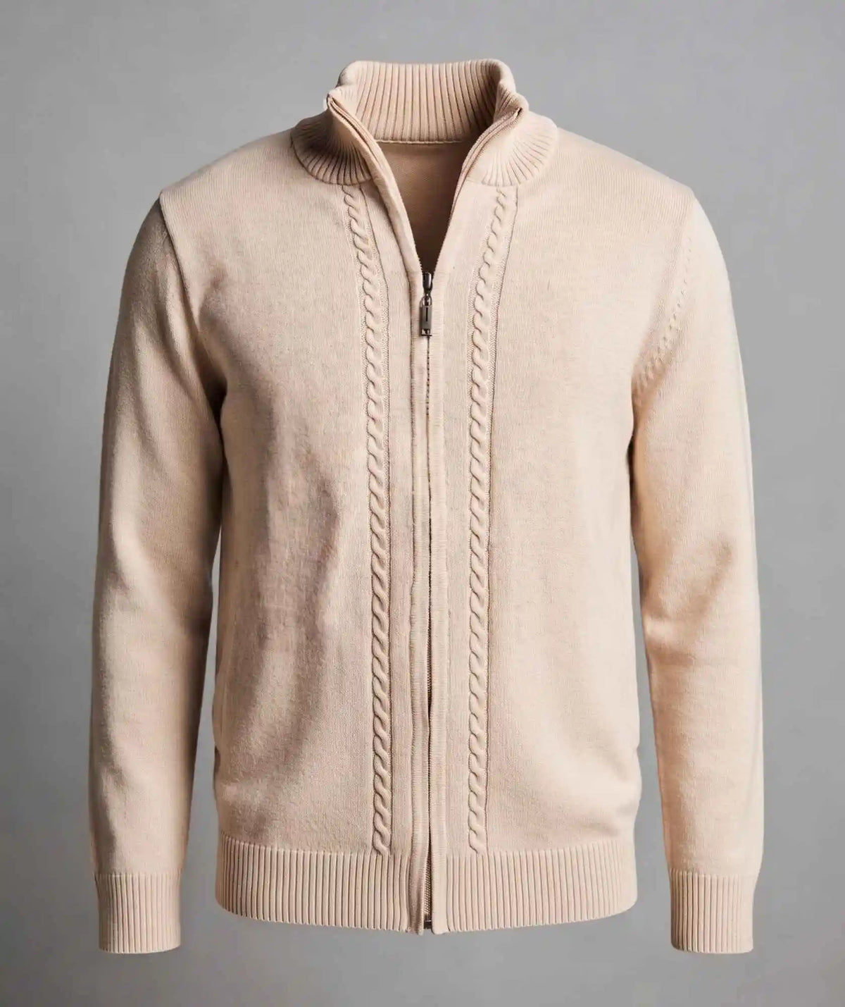 Chaqueta Camel Tejida Con Cierre Y Detalle Trenzado - Tenza