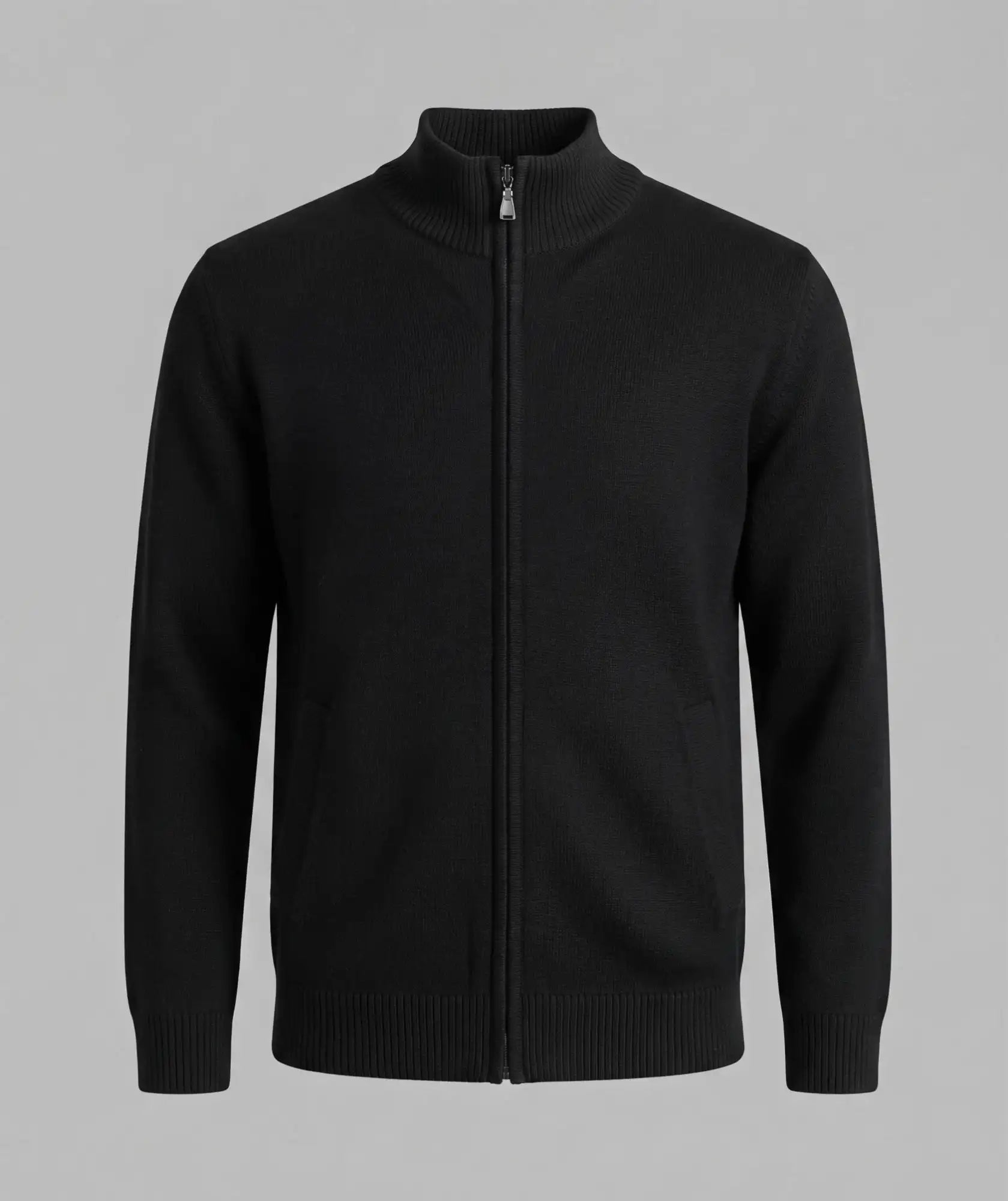 Chaqueta Color Negro Tejida con Cremallera y Cuello Alto