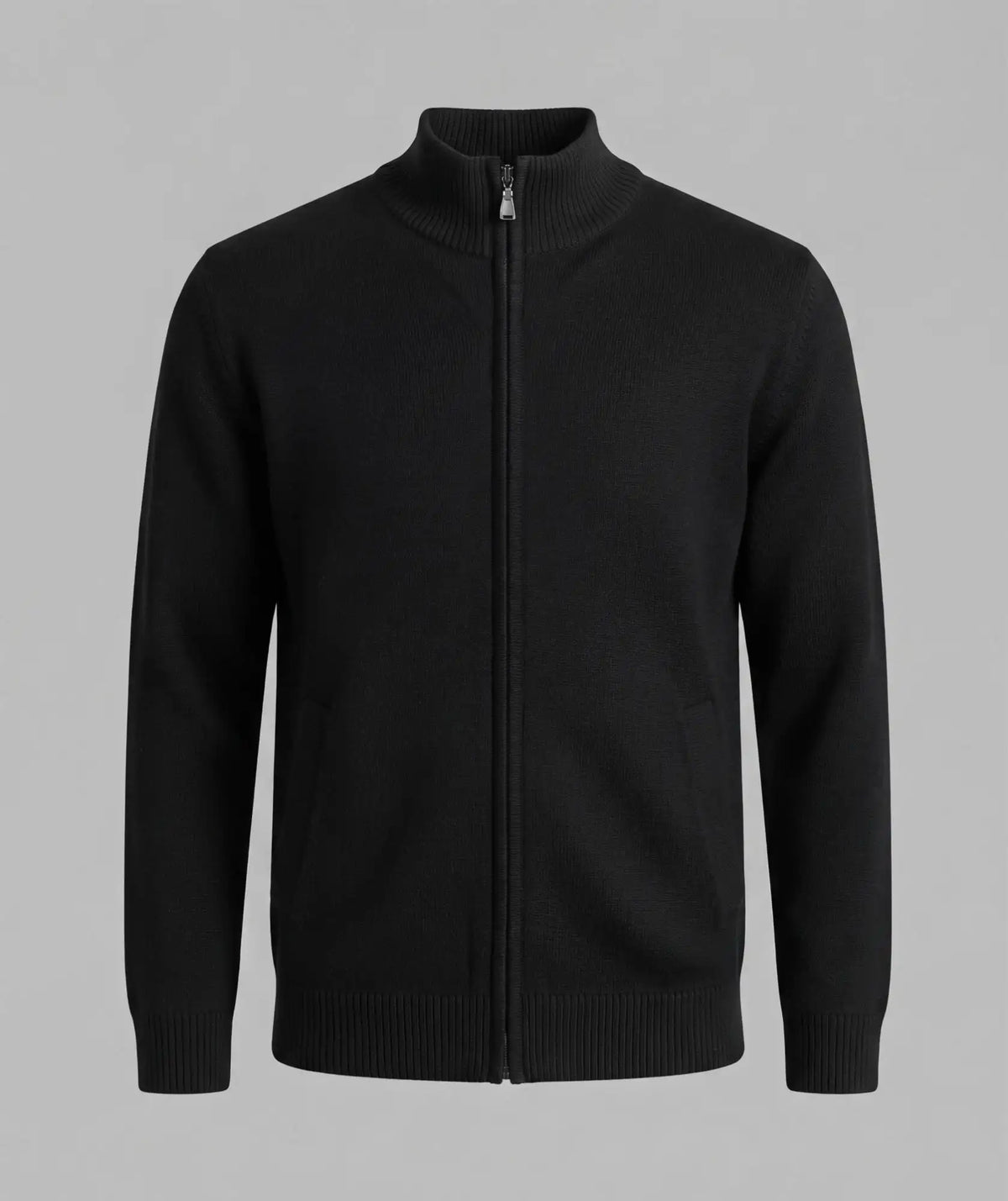 Chaqueta Color Negro Tejida con Cremallera y Cuello Alto