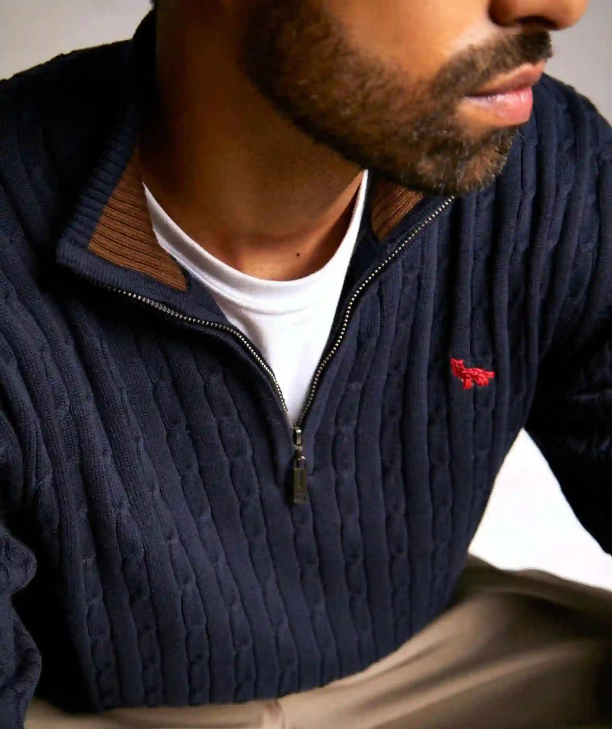 Suéter Azul Oscuro Cuello Halfzip Trenzado Rib | Palmira