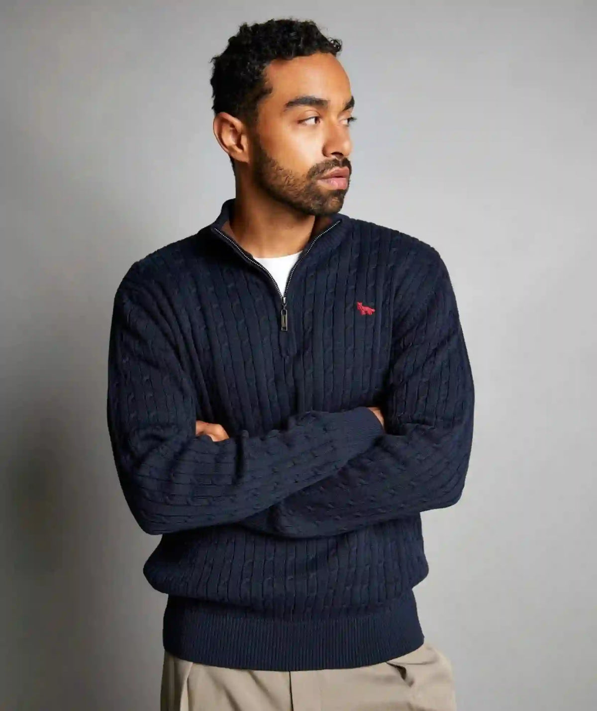 Suéter Azul Oscuro Cuello Halfzip Trenzado Rib | Palmira