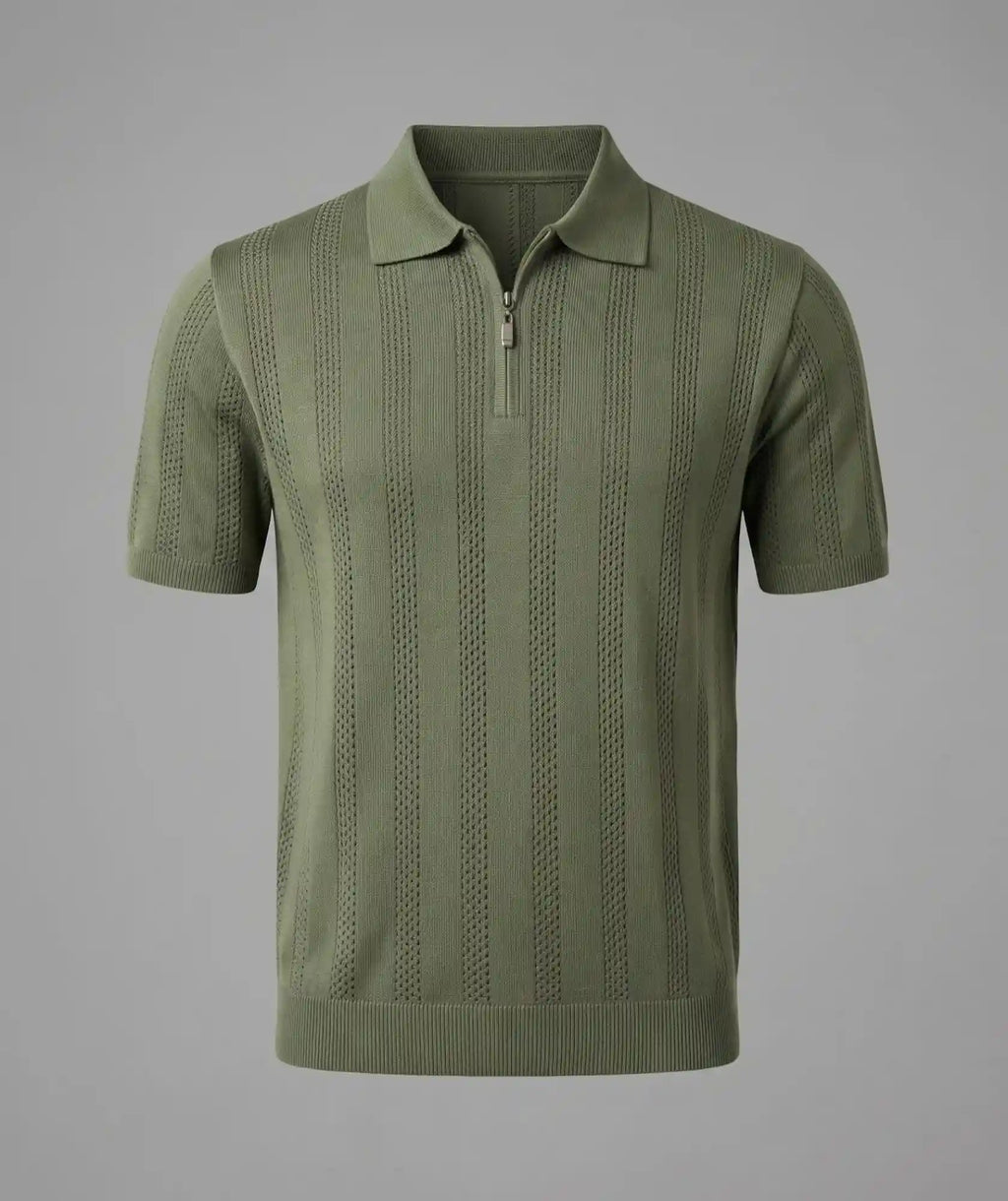 Camiseta Polo Verde Amalfi — Punto Calado con Cremallera