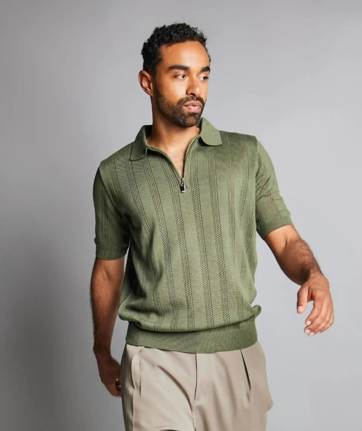 Camiseta Polo Verde Amalfi — Punto Calado con Cremallera