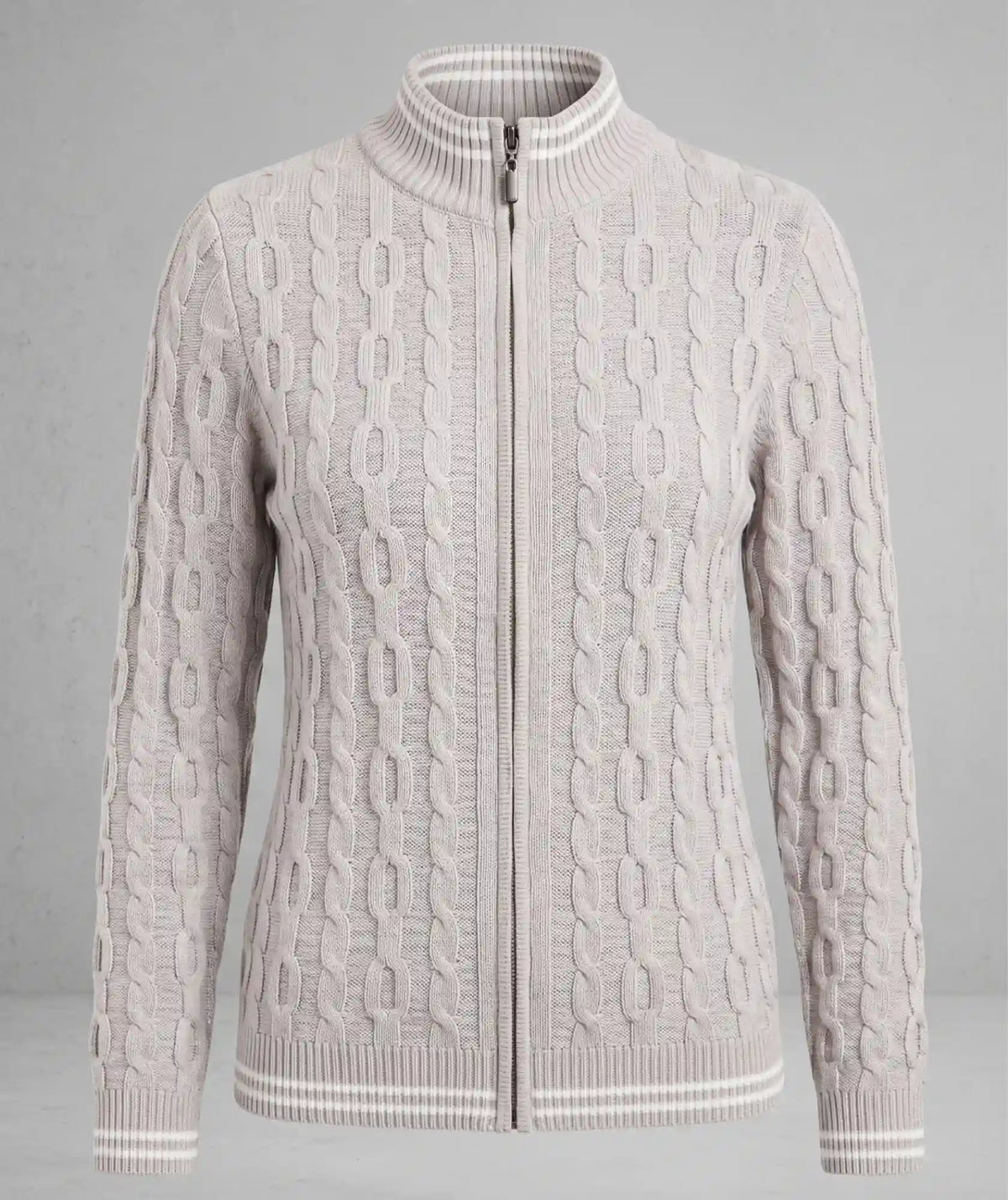 Chaqueta Siena Gris Perla en Tejido de Punto Trenzado con Cremallera
