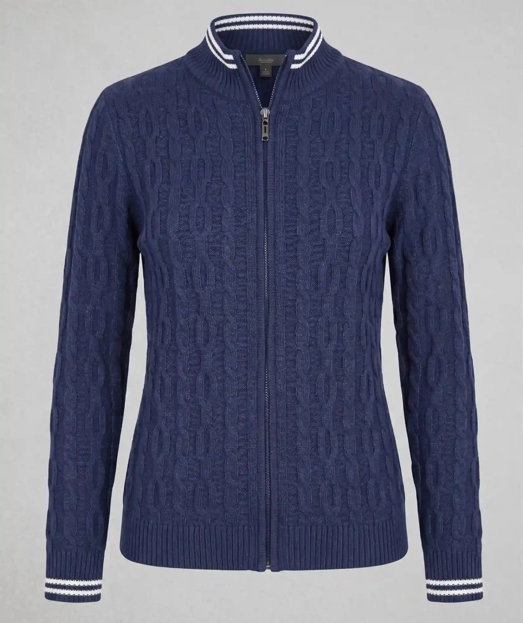 Chaqueta Siena Azul OScuro en Tejido de Punto Trenzado con Cremallera