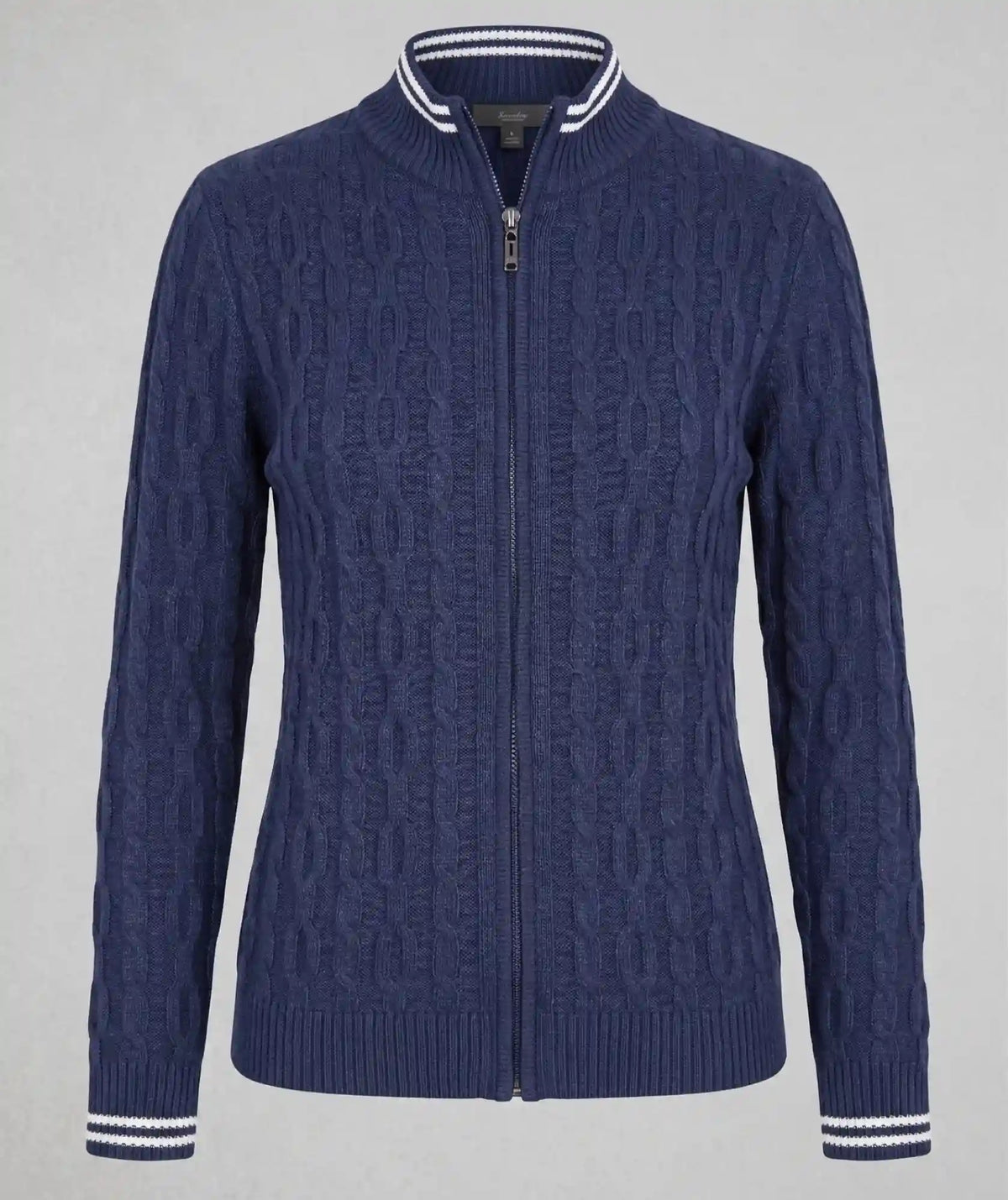 Chaqueta Siena Azul OScuro en Tejido de Punto Trenzado con Cremallera
