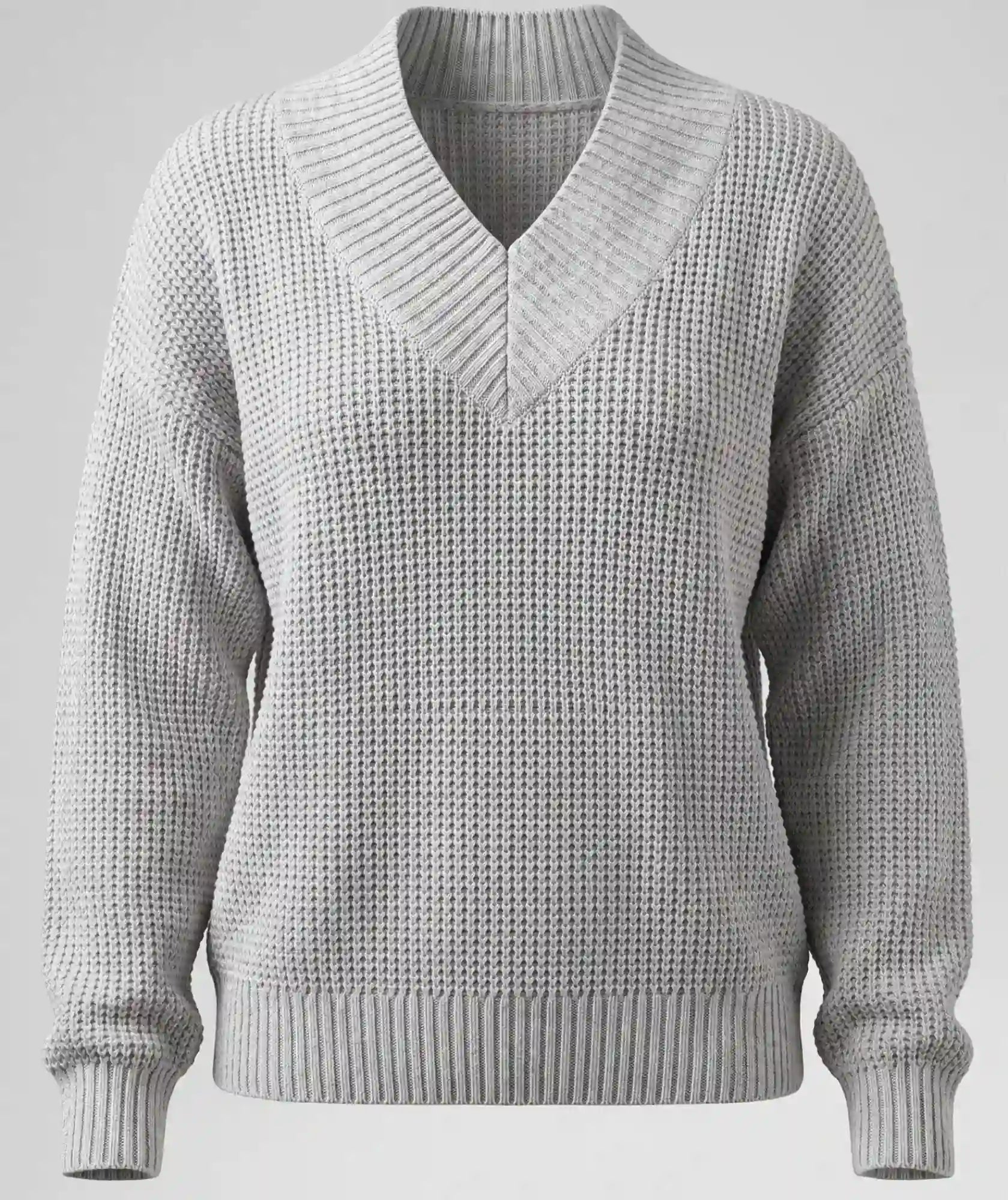 Suéter Tejido de Cuello en Color Gris en V Grueso