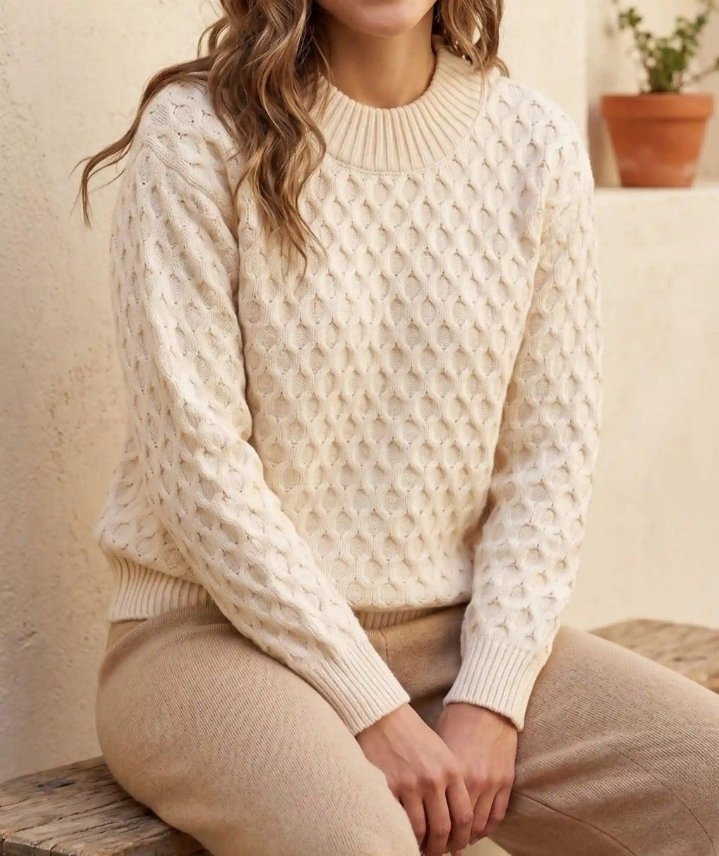 Suéter Beige Cuello Redondo en Algodón Tipo Aran | Nobsa