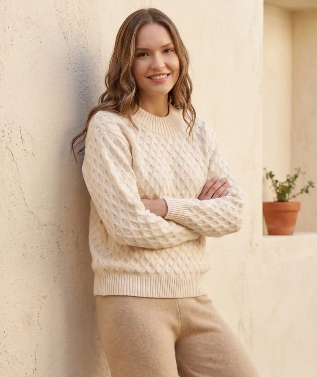 Suéter Beige Cuello Redondo en Algodón Tipo Aran | Nobsa