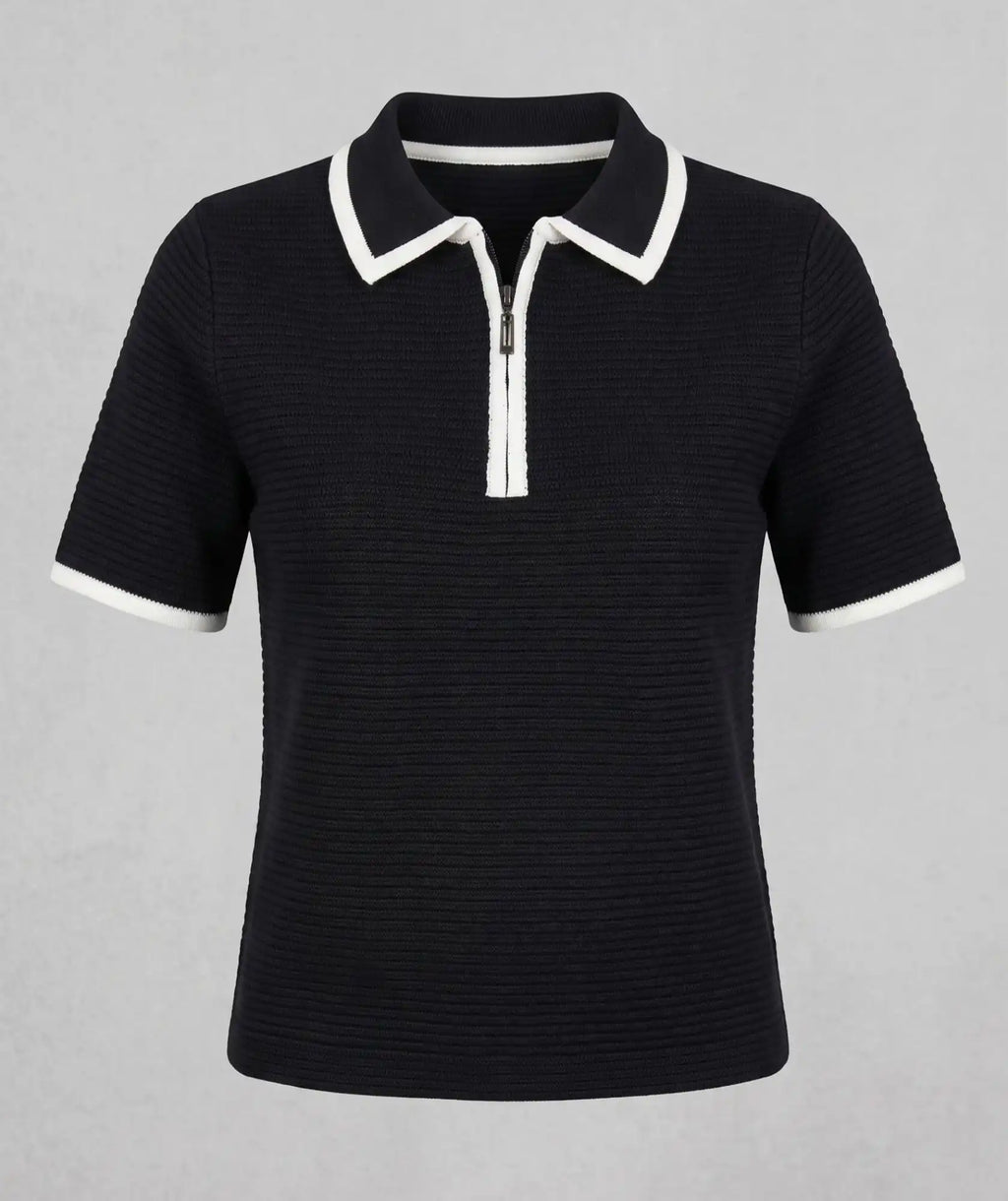 Polo Tejida Manga Corta Con Cierre y Ribete Para Mujer Color Negro