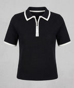 Polo Tejida Manga Corta Con Cierre y Ribete Para Mujer Color Negro