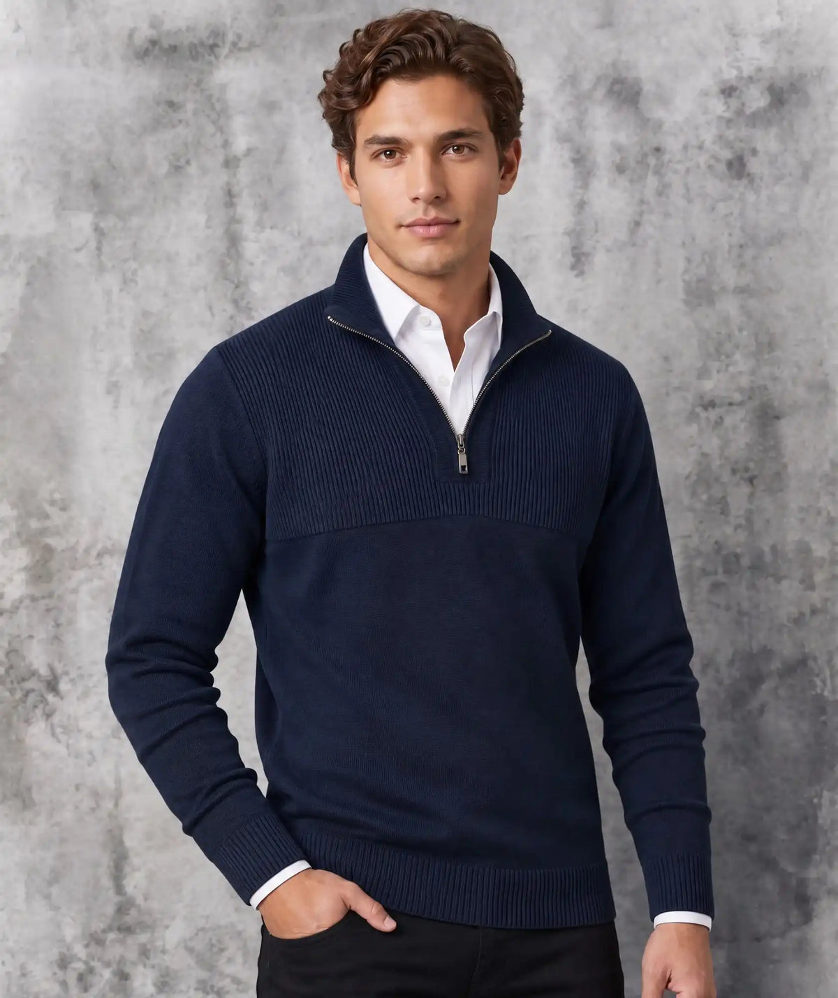 Suéter Azul Oscuro Cuello Halfzip en Algodón- Tunja